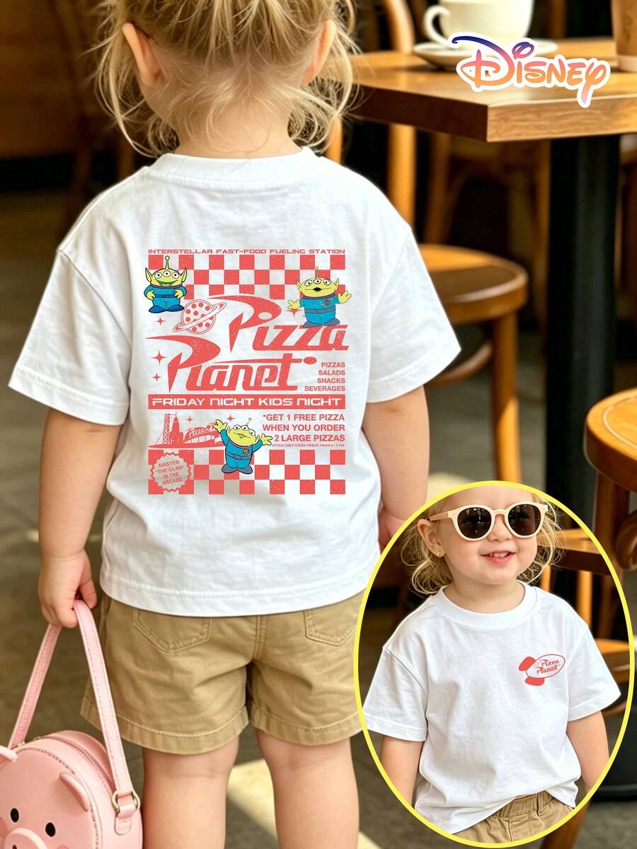Disney Toy Story Pizza Planet & Alien Graphic Toddler Tee With Double-Sided Print, Perfect Gift For Kids & Children's Day, Cartoon Space Kids Shirt, Essential Casual Daily Wear - 白色 - 查看 1