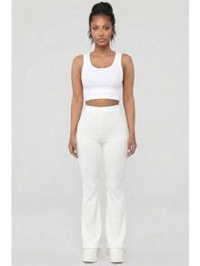 Women's Solid Color Rib Knit High Waisted Flare Pants For All Season Casual Basic Pants - 白色 - 查看 1