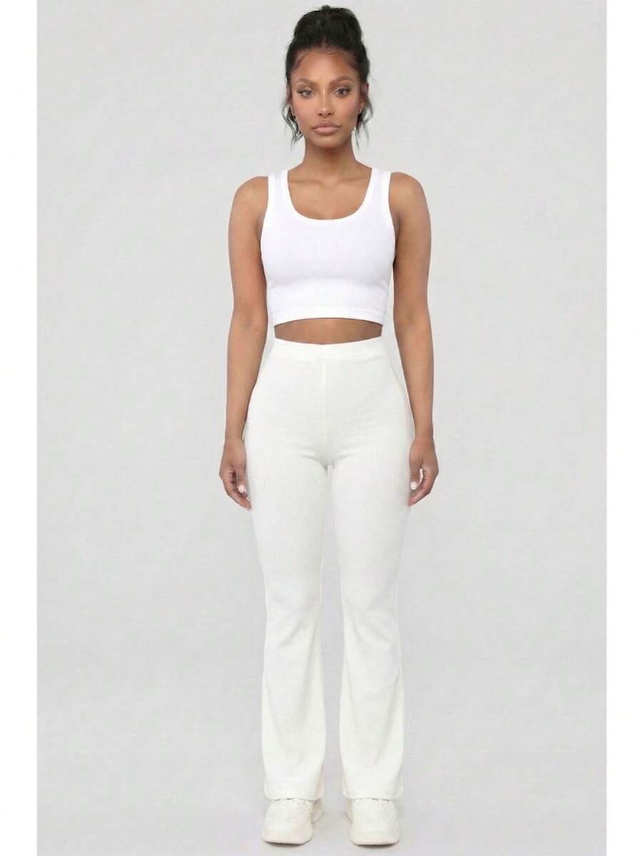 Women's Solid Color Rib Knit High Waisted Flare Pants For All Season Casual Basic Pants - 白色 - 查看 1