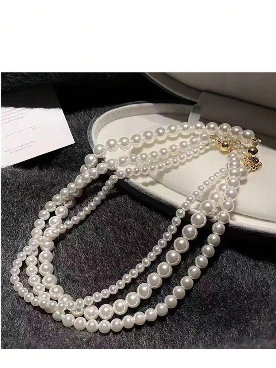 1件简约优雅时尚珍珠项链，法式奢华轻盈颈链配饰，百搭新品 - 白色珍珠 - 查看 1