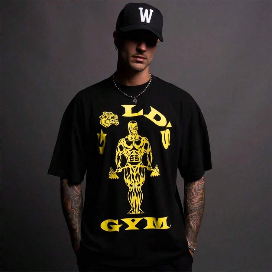 Darcsport T-Shirt - Soft Cotton Men's And Women's Sports And Fitness T-Shirt With Breathable Short Sleeves And Printed Design - 黑配黃 - 查看 1