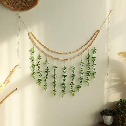 1pc Green Leaf Wooden Bead Decorative Wall Hanging Garland Boho Farmhouse Style Layered Curve Shape Tassel Vine Detail Rustic Chic Home Accent Decorative Banner For Living Room Bedroom Entryway Apartment Dorm Balcony Window Background Wedding Party Spring Summer Home Decor