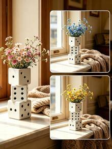 Novelty Dice Shaped Vase, Creative White Resin Flower Pot, Unique Home Decor Accent For Shelf Desk Window Sill, Gift For Plant Lovers - 1PC - View 1