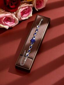 1pc Luxury Stackable Rhinestone Flower Chain Bracelet, Adjustable Copper Material, Suitable For Weddings, Galas, Beach Parties, Valentine's Day, Anniversaries - Blue - View 3