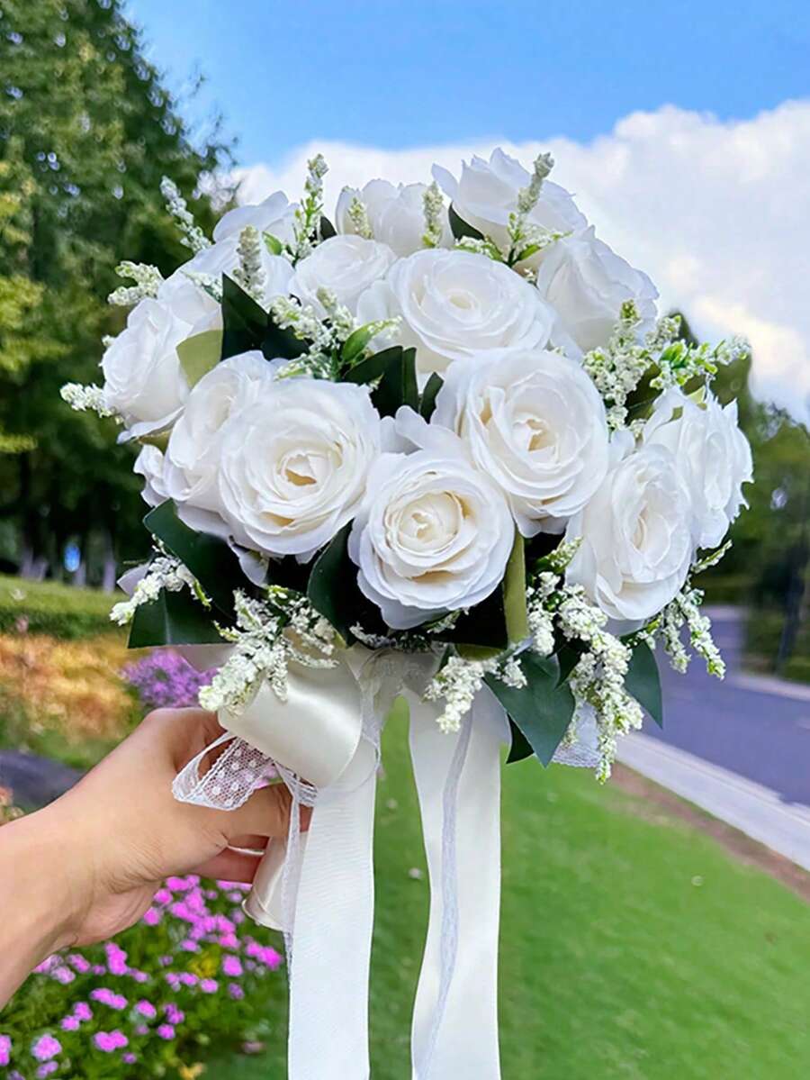 Hoa cưới, bó hoa cô dâu, bó hoa cưới có nơ ren, hoa hồng lụa, phụ kiện chụp ảnh, quà tặng dạ hội - Nhiều màu - Xem 1