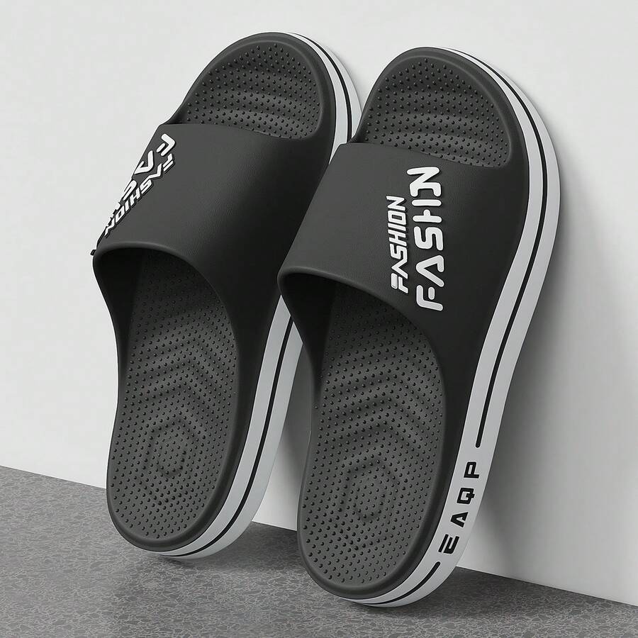 2026 Primavera/Verão Novo Chinelo Deslizante com Estampa de Letra "FASHION" em Patchwork Preto e Branco, Pontos de Massagem, Sola Grossa e Macia, Estilo Casual Adequado para Casa, Banheiro, Praia, Transporte, Tamanhos Plus Size Unissex - Preto - Visão 1