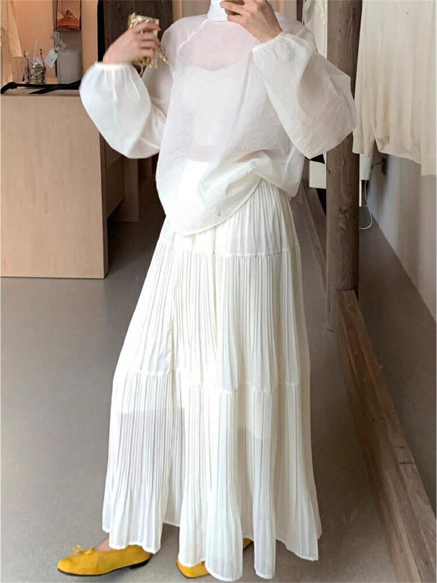 Women's Pleated Flowy Maxi Skirt - Summer A-Line Beach Skirt With Elastic Waist For Vacations/Resort Wear/Street Style, Lightweight Wrinkle-Resistant Lounge Skirt In Solid Colors - 白色 - 查看 1