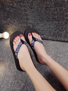 女款 2.5CM 厚底坡跟夾腳拖鞋，印花綁帶夾腳涼鞋，休閒日常穿著，時尚百搭度假沙灘涼鞋，舒適厚底坡跟拖鞋 - 藏蓝色 - 查看 3