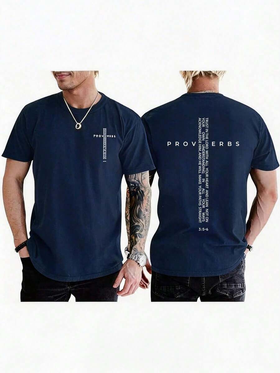 Men Vintage Christian Cross Bible Verse Tee, Jesus Faith Inspirational Cotton Short Sleeve Streetwear Top, Daily Gift For Boyfriend Husband - 藏蓝色 - 查看 1