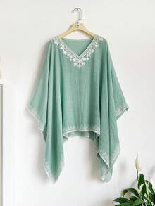 1pc Elegant Floral Embroidered V-Neck Poncho Kimono, Bohemian Style Lightweight Shawl For Women, Spring/Summer Beach Cover Up, Sun Protection, Fashion Accessory, Versatile Gift,Accessories,Travel Essential - Light Green - View 7