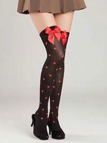 1 đôi tất dài quá đầu gối kiểu Lolita thắt nơ, tất cao đến đùi thời trang và ngọt ngào với họa tiết trái tim. - Nhiều màu - Xem 5