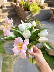 1/3/5 piezas Ramo artificial de tulipanes, tulipanes rosados y blancos sonrientes y realistas, adecuados para el Día de la Madre, boda, decoración del hogar, decoración de la habitación, boda, familia, oficina, fiesta y decoración de primavera, arreglo floral para la sala de estar, decoración de escritorio, flores artificiales - Multicolor - Ver 10