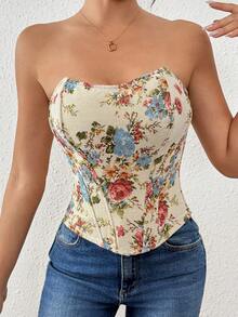 Top corto sin tirantes con estampado floral vintage - Perfecto para citas y salidas con amigos - Multicolor - Ver 7