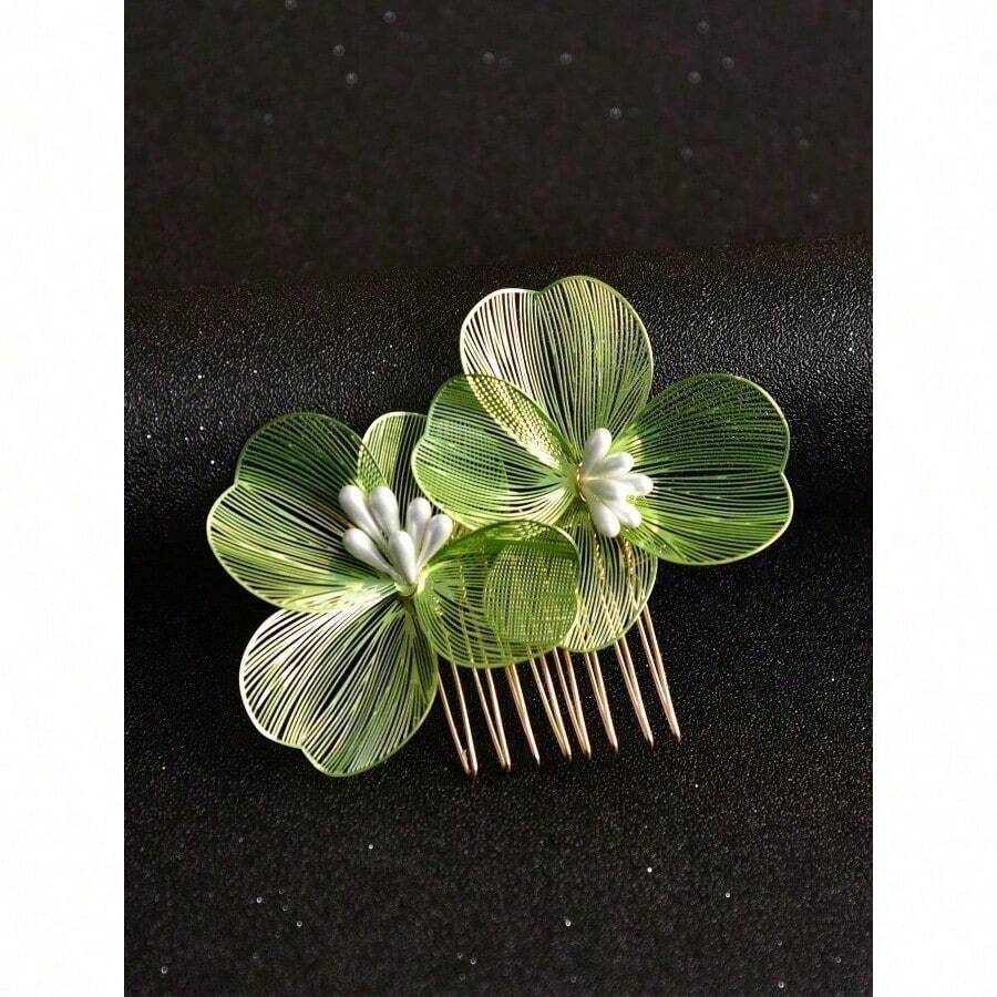 1pc Handmade Alloy Flower Hair Comb Accessory, For Daily Wear & Party, Hair Accessories, Head Accessories - 綠色 - 查看 1