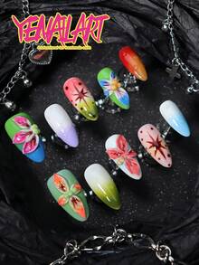 10件手工彩色杏仁形美甲貼片，藍綠橘漸層水滴圖案，3D花朵與鳶尾花設計，歐式鄉村風全覆蓋假指甲，適合夏季派對與日常配戴，送給女性與女孩的完美美甲禮物，手工穿戴式美甲 - 彩色 - 查看 5