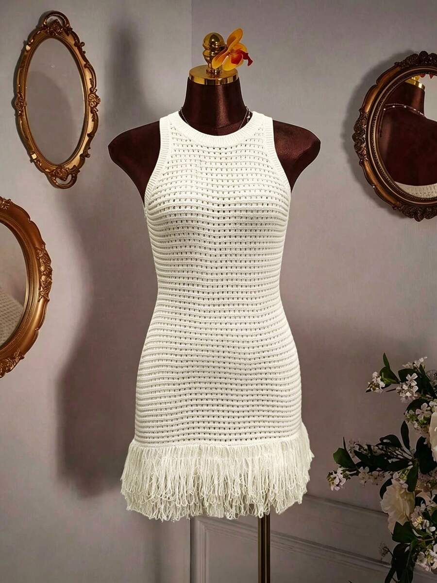 新款时尚优雅百搭女士性感镂空无袖针织连衣裙，适合度假、节日、派对、邮轮、海滩、音乐节以及波西米亚风夏季穿着 - 香檳色 - 查看 1