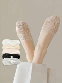 1 paire de chaussettes basses en dentelle jacquard pour femmes, chaussettes de doublure invisibles absorbant l'humidité, chaussettes basses peu profondes et fines, respirantes et sans odeur, avec silicone antidérapant, douces et confortables, chaussettes polyvalentes pour la cheville - Multicolore - Voir 11