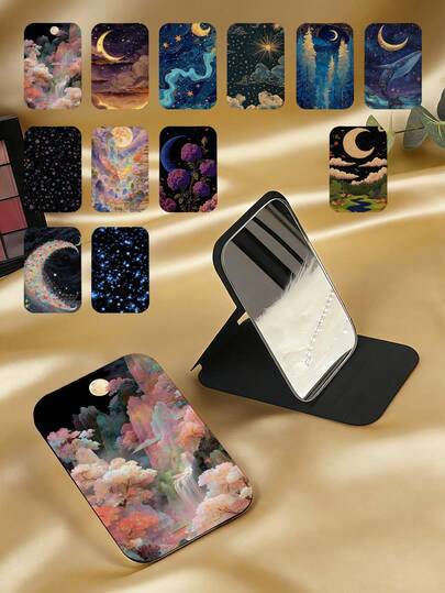 1pc Chinese Style Retro Cosmic Series Portable Vanity Mirror, Foldable Lightweight Ultra-Thin Convenient Hand Mirror, Durable PU Leather Stand, Vertical Desktop Mirror, Suitable For All Scenarios And People, Foldable Square Compact