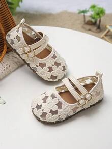 女童蕾丝花朵公主鞋，软底防滑透气童鞋 - 米色 - 查看 3