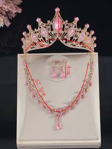 4 件套青少年首饰套装、公主项链套装、皇冠项链套装、水晶级花童派对头饰、奢华皇冠项链礼盒、适合节日、庆典、活动的婚礼配饰 - 粉色 - 查看 7