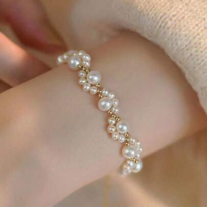 1pc Vintage French Luxury Sparkle Faux Pearl Bracelet, Niche Exquisite Luxury Design Personalized Highly Attractive Versatile Bracelet