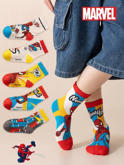  5 đôi tất trẻ em Marvel, tất siêu anh hùng Người Nhện Marvel, tất dài đến bắp chân cho bé trai, tất kiểu Hàn Quốc hoạt hình, tất mùa xuân hè cho bé gái, tất nhân vật siêu anh hùng dành cho người hâm mộ Người Nhện.