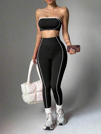Bộ đồ thể thao nữ Easithlete màu xám không đường may, kẻ sọc, gồm áo tank top lửng và quần legging, bộ đồ tập thể dục màu xám, bộ đồ tập không dây, quần legging 2 mảnh, bộ đồ tập thể dục cỡ nhỏ, bộ đồ tập gym 2 mảnh, bộ đồ thể thao cạp cao, bộ đồ tập thể dục nữ, bộ đồ tập gym cho nữ