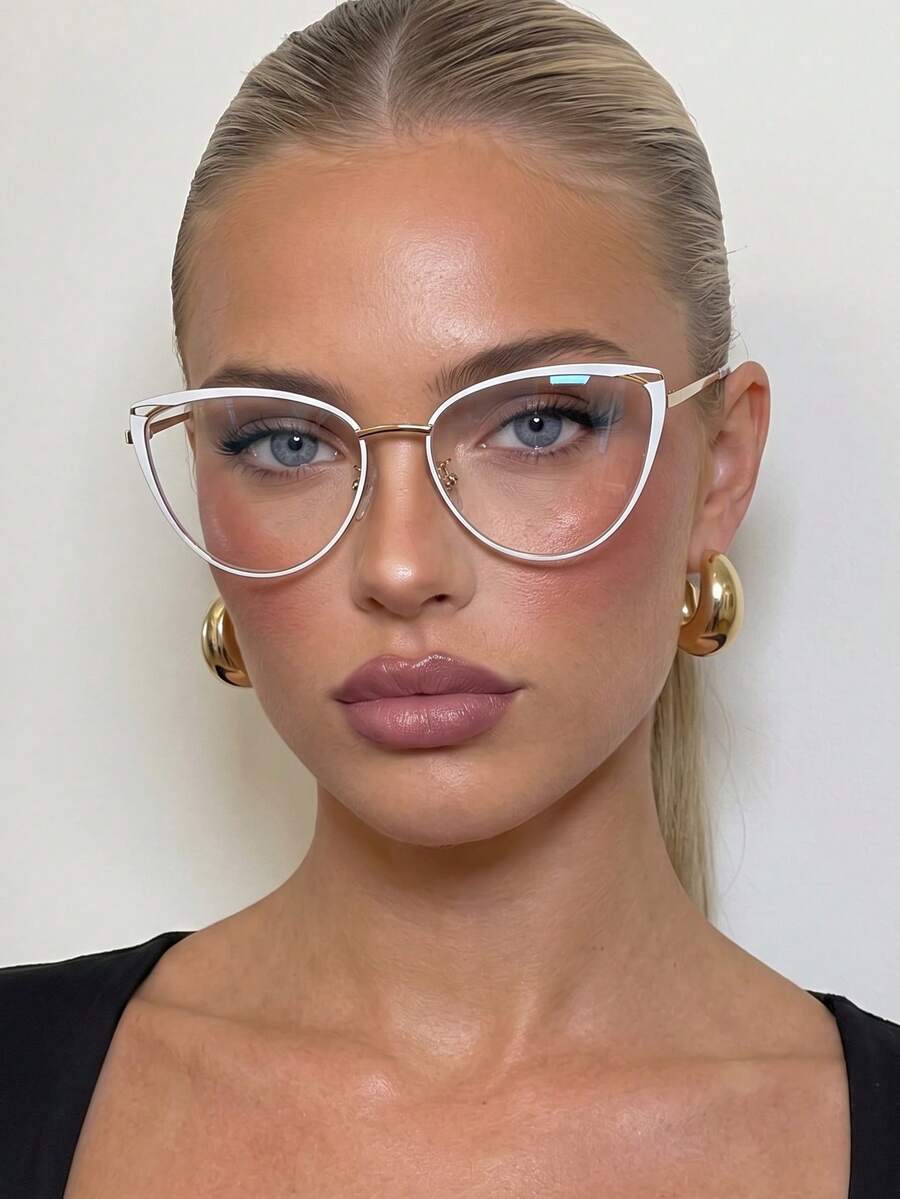1 Pair Women's Black Outlined Cat Eye Metal Frame Vintage Thin Arm Personalized Spring Leg Non-Prescription Glasses - Gold Painted White - View 1