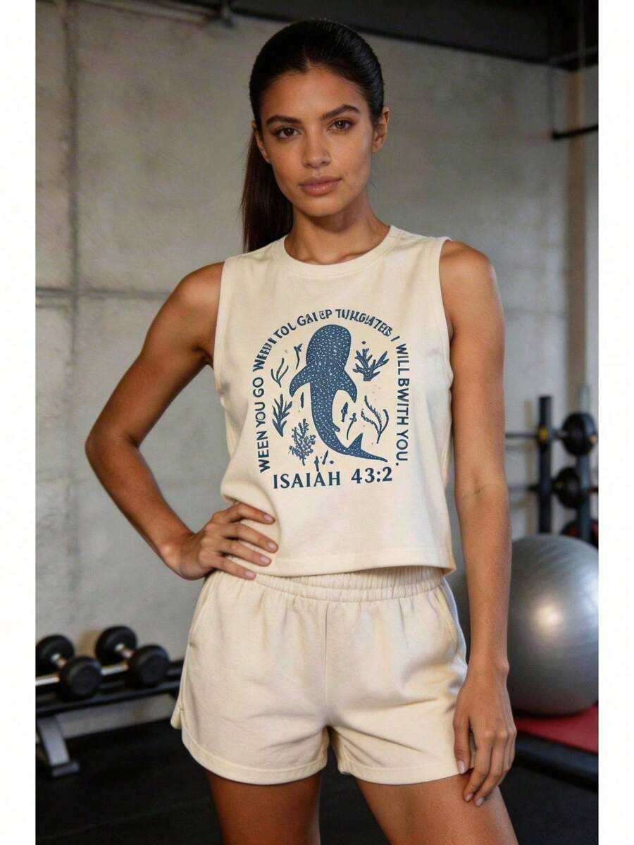 Estilo deportivo casual femenino conjunto de 2 piezas (blusa sin mangas + pantalones cortos), con tejidos impresos de algodón suaves y relajados, adecuado para la temporada de primavera - Beis - Ver 1