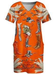 Orange Boots And Feathers Print Women's Plus Size V Neck Dress With Pockets Comfortable Breathable Fashion Casual Outfit Womens Clothes 250g - 彩色 - 查看 2
