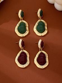 1 Pair Asymmetrical Shaped Minimalist Vintage Elegant Earrings, Versatile Commuting Accessories - Burgundy - View 2