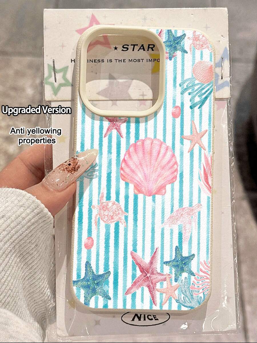 1pc Fashion Seascape & Shell Pattern Litchi Texture Shockproof Anti-Slip Soft Phone Case Compatible With Apple, Phones - Multicolor - View 1