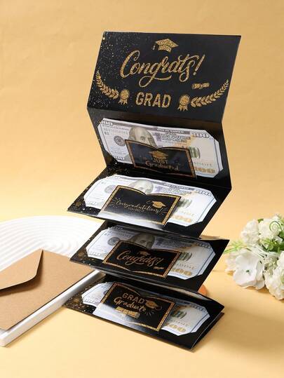 1 Set de tarjeta de dinero plegable y sobre de graduación en negro y dorado, con 6 ranuras para tarjetas - Diseño elegante en negro y dorado, adecuado para fiesta de graduación, ceremonia de graduación, celebración de graduación, decoración de fiesta de graduación de la clase de 2026, decoraciones de graduación 2026, recuerdo delicado, sobre exquisito como regalo