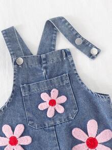 1 bộ quần yếm denim thêu họa tiết phong cách Mori cổ điển cho bé gái, chất liệu nhẹ, thích hợp cho mùa xuân/hè. - Màu xanh lam - Xem 3