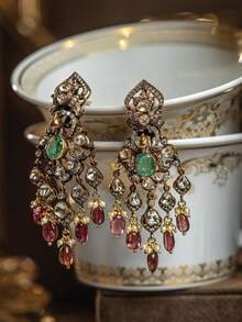 2pcs Vintage Court Style Emerald Pendant Tassel Earrings, Suitable For Everyday Dates And Parties - 彩色 - 查看 3