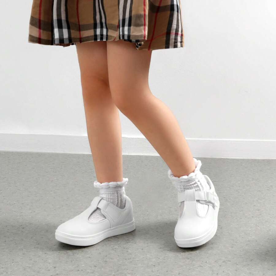 Girls Mary Jane School Uniform Shoes T-Strap Flat Sneakers Comfortable Lightweight Breathable Non-Slip For Toddler Little Kid - 白色 - 查看 1