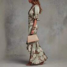 Women's New Summer V-Neck Slim-Fit Maxi Dress - Printed Ruffled Long Dress - Olive Green - View 2