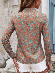 Blusa de mujer elegante de manga larga con estampado artístico, de primavera y otoño, con botones, silueta ajustada, adecuada para vacaciones, citas y uso diario - Óxido marrón - Ver 7