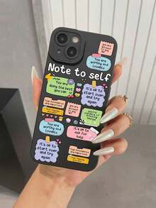 Cute Cartoon Ins Vibes Slogan Pattern Liquid Mobile Phone Case Full-Body Protection Shockproof Anti-Fall TPU Soft Rubber Case For IPhone11/12/13/14/15/15pro/15 Plus/15 Promax/11pro/12pro/13pro/14pro/11promax/12promax/13promax/14promax/14plus - Black - View 4