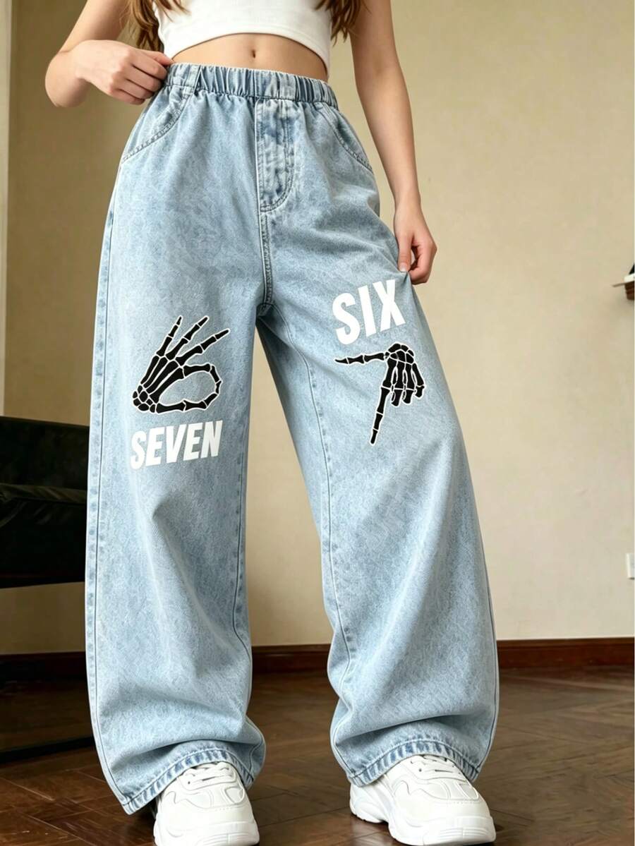 1pc Girls' Casual Outdoor Loose Straight Leg Jeans With Skull & English Letter Print, Summer - Light Wash - View 1
