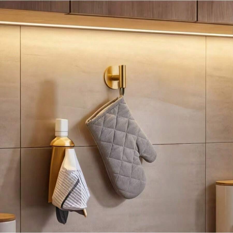 1pc Self-Adhesive Hook, Bathrobe & Towel Rack, Wall Mounted Clothes Hanger, Rust-Resistant 304 Stainless Steel Shower Hook, Suitable For Bathroom Accessories And Kitchen Storage - Emas - View 1