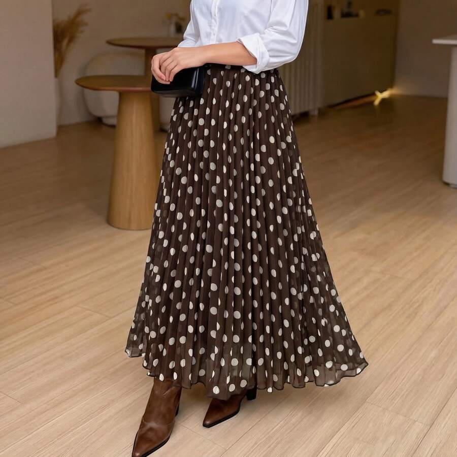 Jupe plissée élégante à taille élastique à pois pour femmes, décontractée et chic pour les trajets quotidiens, les vacances de printemps/été - Points de café - Voir 1