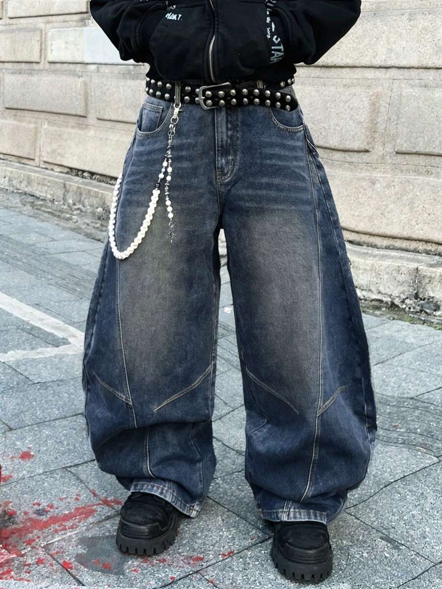 1件男士Infinite牛仔裤,美式复古水洗宽松拼接直筒牛仔裤,街头风(产品不含腰带和配饰) - 霧霾藍 - 查看 1