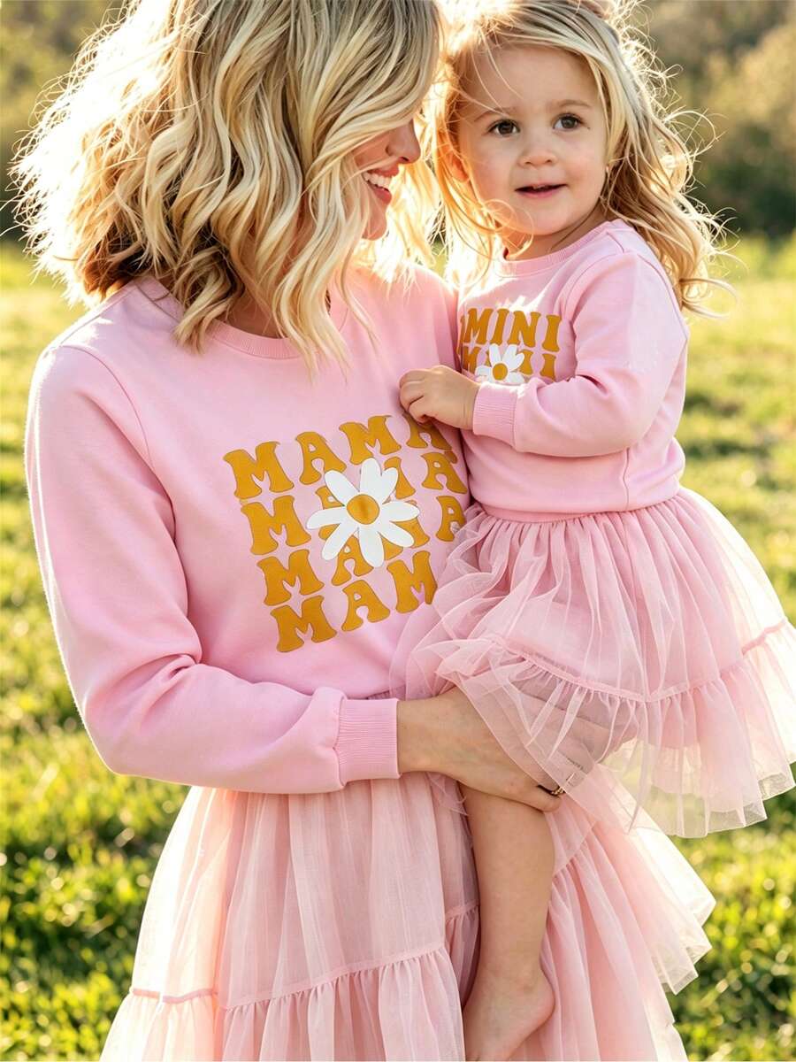 Mommy And Me Matching Outfits Christmas/Halloween Matching Sweatshirts Mama/Mini Letter And Bowknot Embroidery Long Sleeve Crewneck Pullover Shirt Blouse Top Mom And Daughter Matching Holiday Party Clothes - 西瓜粉 - 查看 1