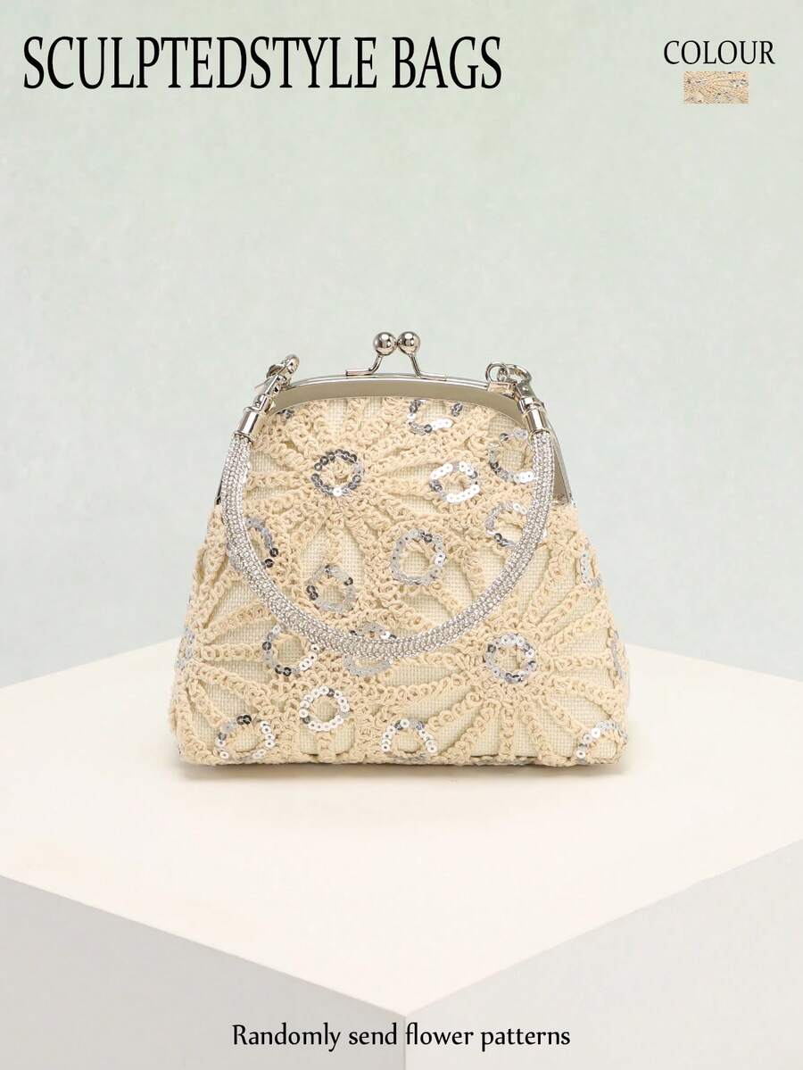 1个米色双面镂空钩编花卉亮片拼接亚麻手提包，时尚奢华水钻装饰手拿包，适合新娘、婚礼、派对、晚宴等场合使用（花卉亮片图案随机分布） - 米色 - 查看 1
