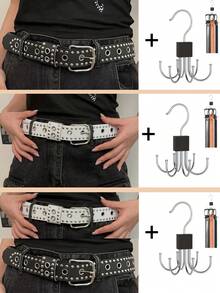 2pcs Hollow Punk Casual Women's Belt, Fashion Round Eyelet Decor Millennium Waistband, Unique Hip-Hop Thick Belt For Women, Suitable For Unisex Casual And Street Dance - Multiple Styles - View 9