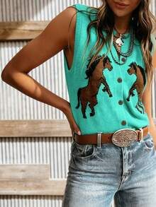 Versatile Women's Western Animal Print Color Block Horse Pattern Button Front Round Neck Sleeveless Knit Cardigan Vest, Everyday Wear Vacation - Mint Blue - View 2