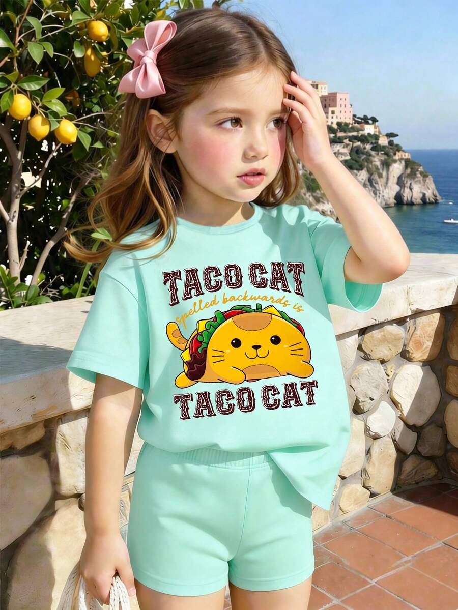 2pcs/Set Young Girls' Casual Cartoon Print Short Sleeve T-Shirt And Minimalist Print Shorts Set, Suitable For Summer Outings - Green - View 1