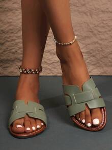 Sandalias de mujer con textura de lujo y brillo dorado, diseño minimalista hueco, suela plana ligera, sensación cómoda en los pies, adecuadas para estudiantes, trabajadoras de oficina, mamás, salidas diarias, reuniones, viajes, fotografía, combinables con trajes, pantalones anchos, vestidos de té francés, conjuntos de sudadera casual, transpirables, fáciles de poner, sin ampollas, versátiles, elegantes, para uso al aire libre - Verde militar - Ver 6