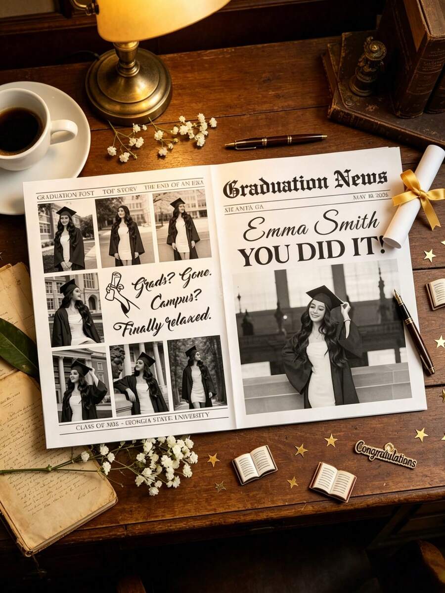 1 Set Customized Graduation Newspaper, Personalized Photos And Text 2026 Commemorative, Printed Newspaper Poster Gift, Graduation Bouquet Packaging, Senior Graduation Party Decor, Customized News Style Announcement, Graduation Gift Ideas, Photo Memorabilia, Graduation Ceremony, Party Decorations, Gift For Him/Her - Multicolor 7 - View 1